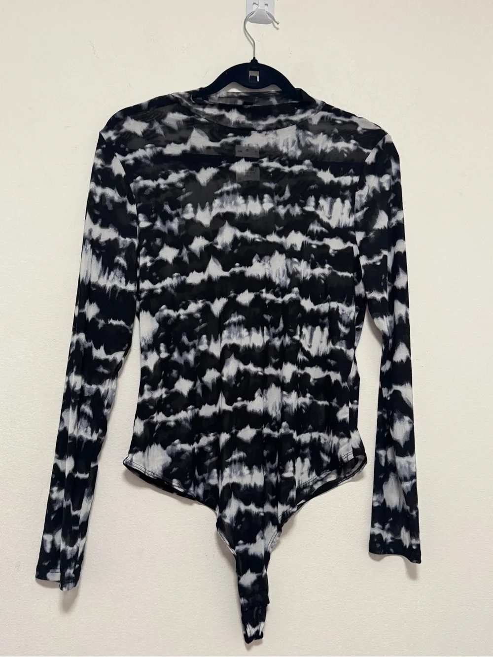 Haute Monde Women’s 2X Black White Sheer Mesh Mock Neck Long Sleeve Bodysuit